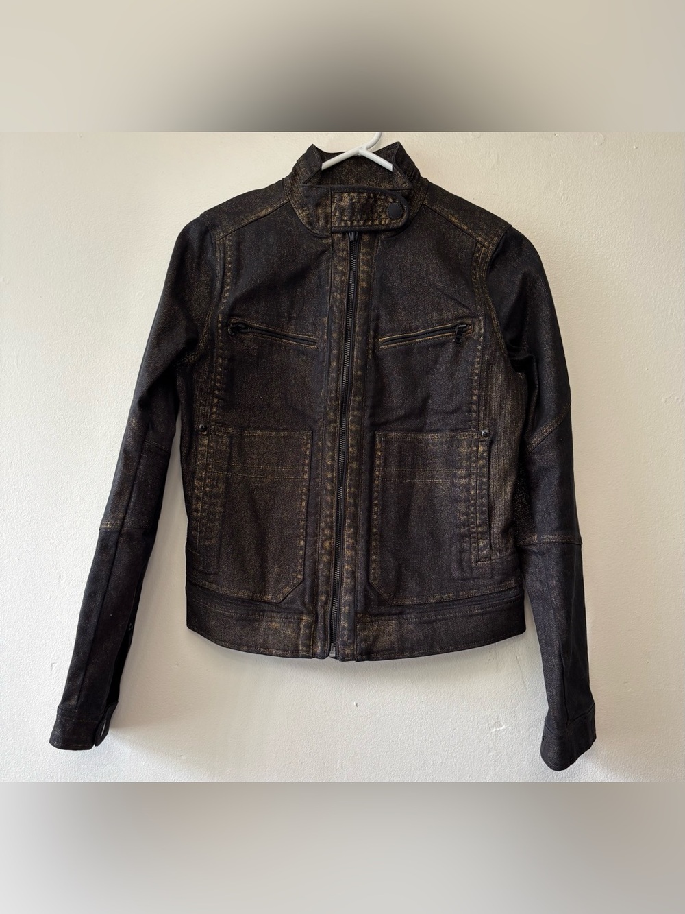 Lauren Jeans Co Ralph Lauren Metallic Gold Black Denim Moto Jacket S